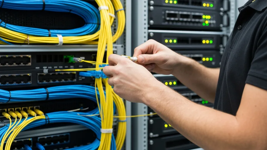 Fiber optic technician at network rack