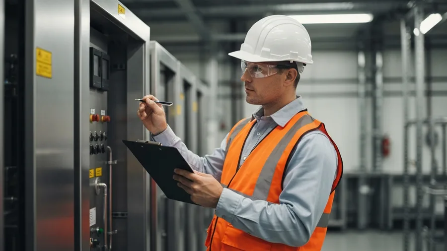 Industrial inspector reviewing compliance documentation